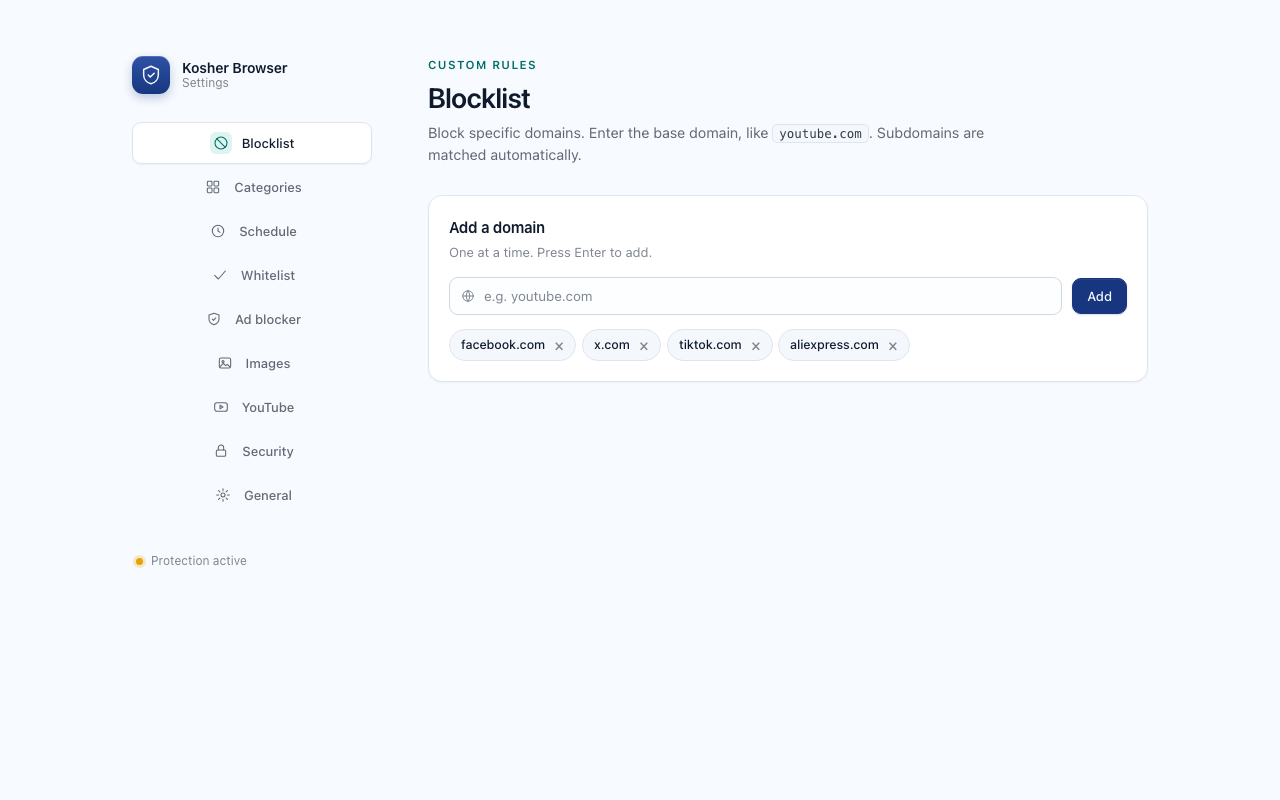 The blocklist tab with the add-domain field and chips for blocked sites