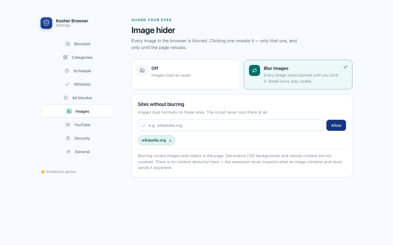 The images tab with the mode picker and the list of sites without blurring