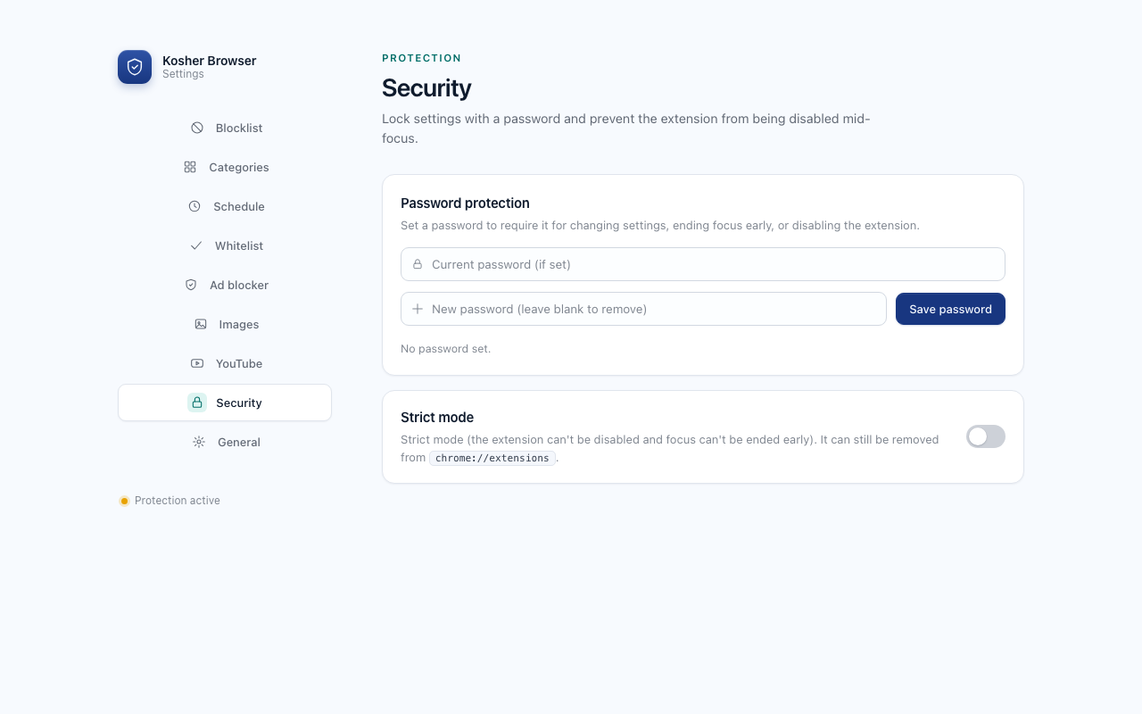 The security tab with password setup and the strict mode switch