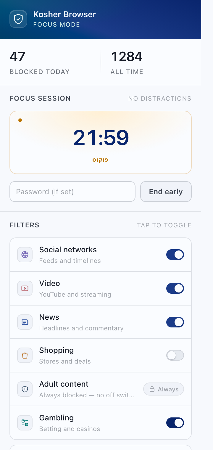 The extension popup during a focus session, with blocking categories