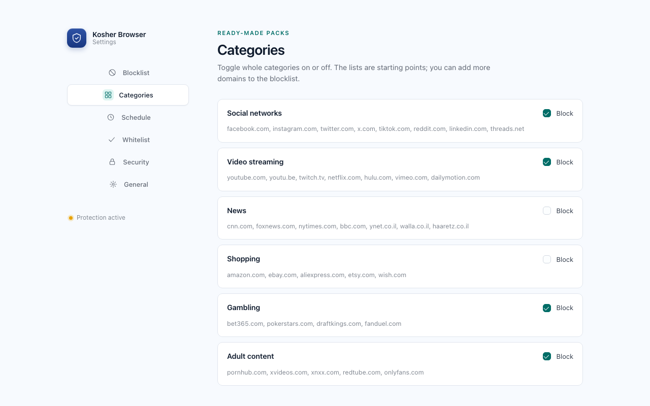 Kosher Browser options page with category blocking