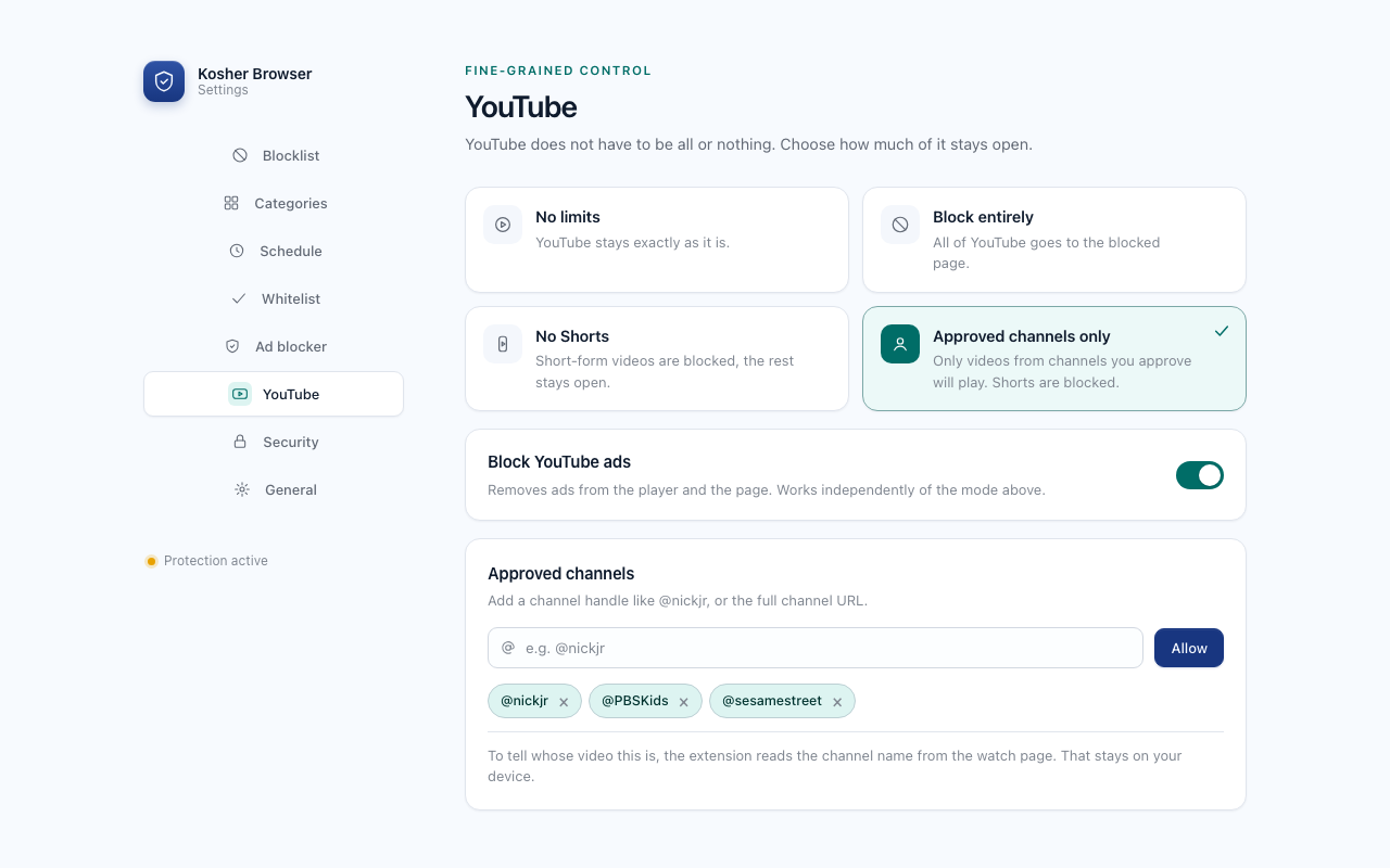 The YouTube tab with its four modes and the approved-channel list